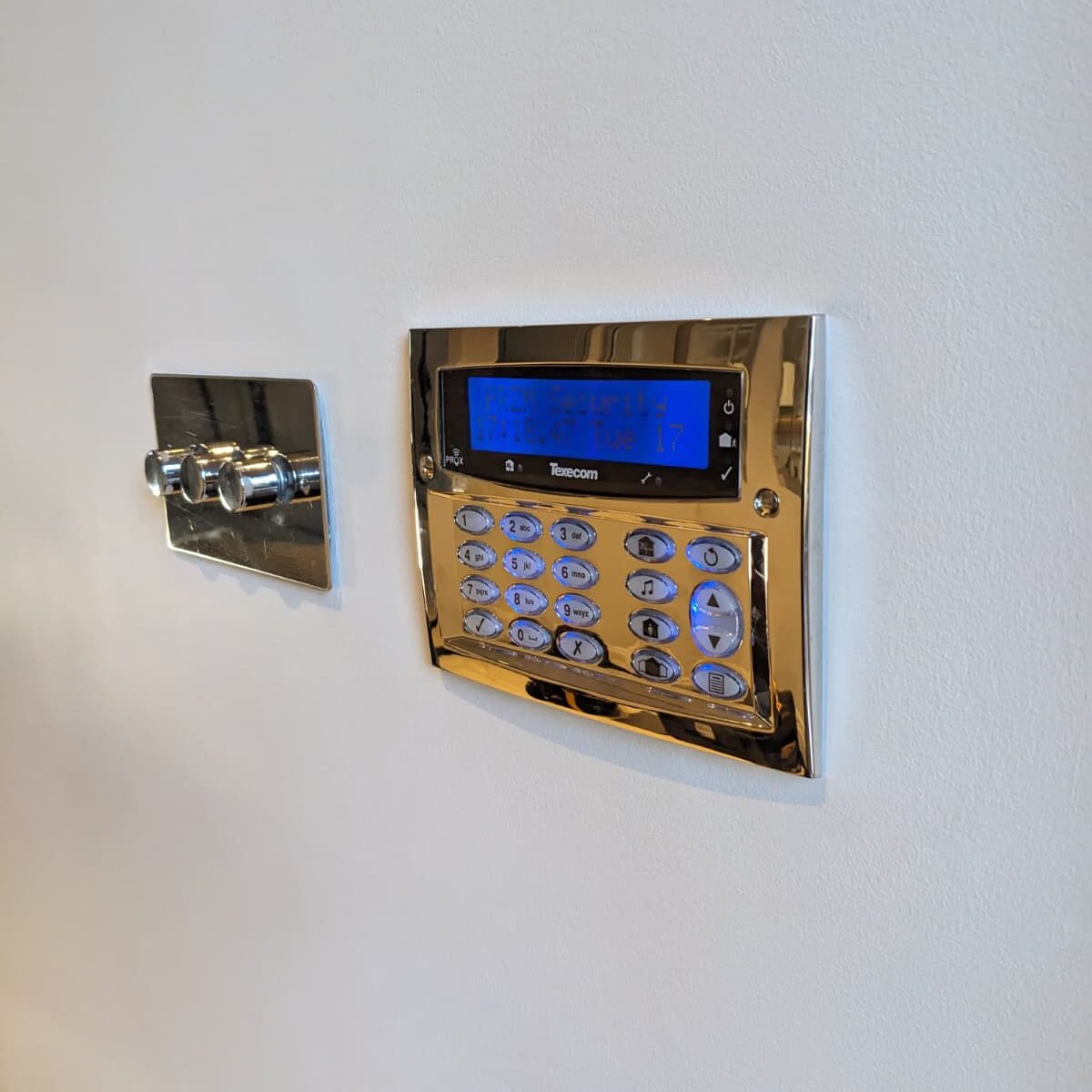 Texecom installers london intruder burglar alarm panel flush mount polished chrome